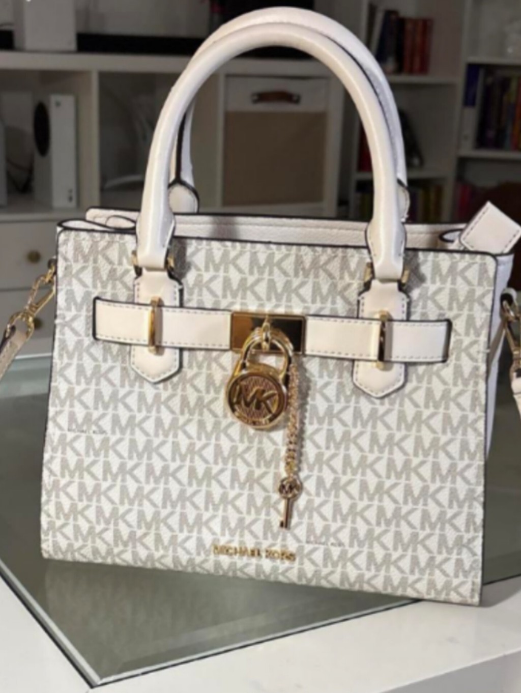 Michael Kors Cream/White Signature Satchel With Gold Hardware